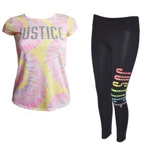 Justice Girls 2-Pc Set Tie-Dye Rainbow T-Shirt Glittering Logo Black Leggings